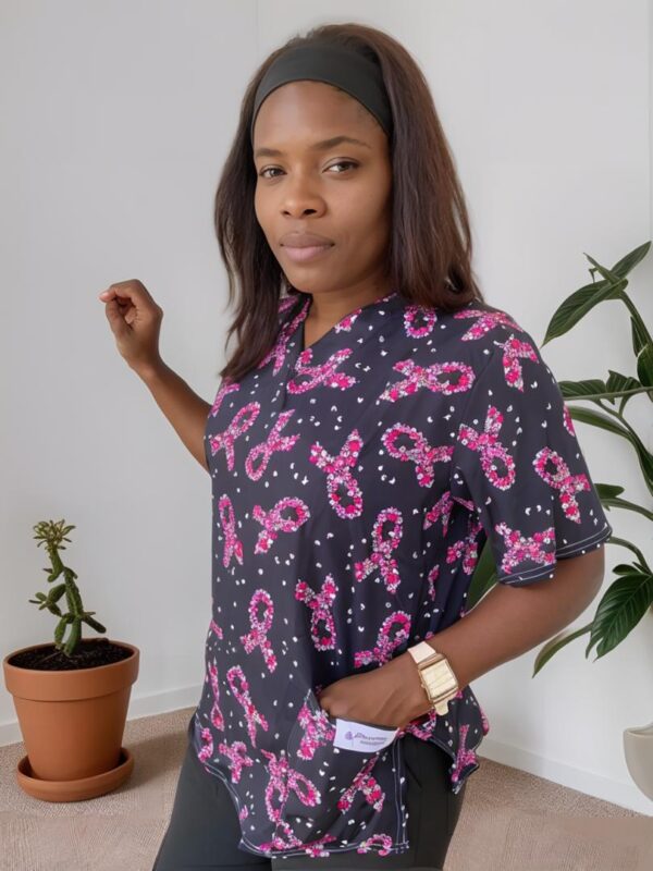 Bold Pink Ribbon Scrub Top